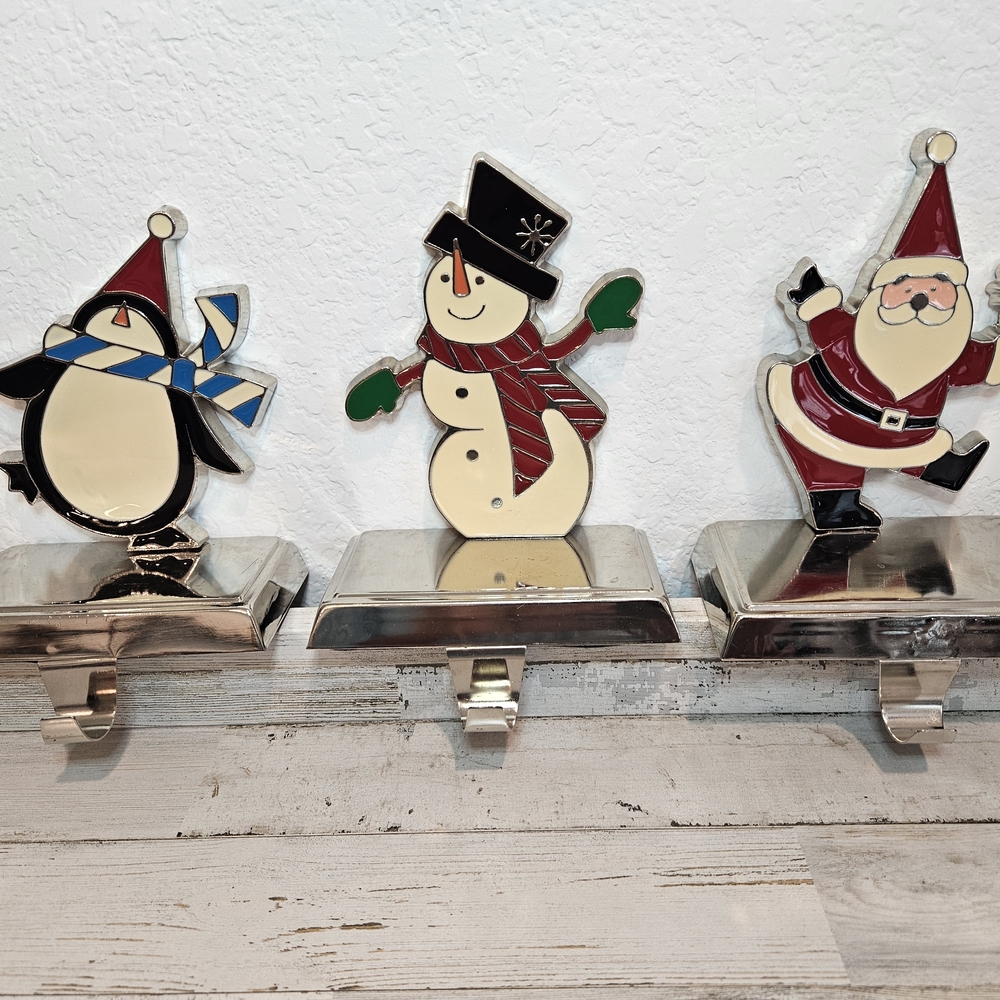 Holiday Metal Stocking Hangers - Penguin, Snowman, Santa - Red, Green, Black